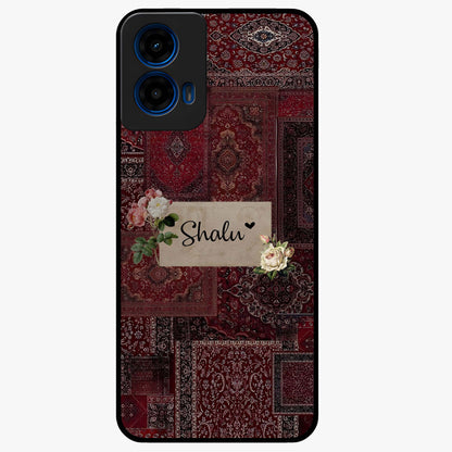 Velvet Wine Pattern Custom Name Glass Case showing flat back view with elegant wine colored pattern artwork and personalized name design.