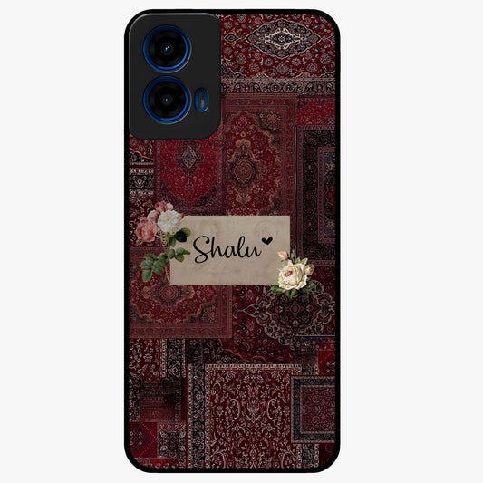 Velvet Wine Pattern Custom Name Glass Case showing flat back view with elegant wine colored pattern artwork and personalized name design.