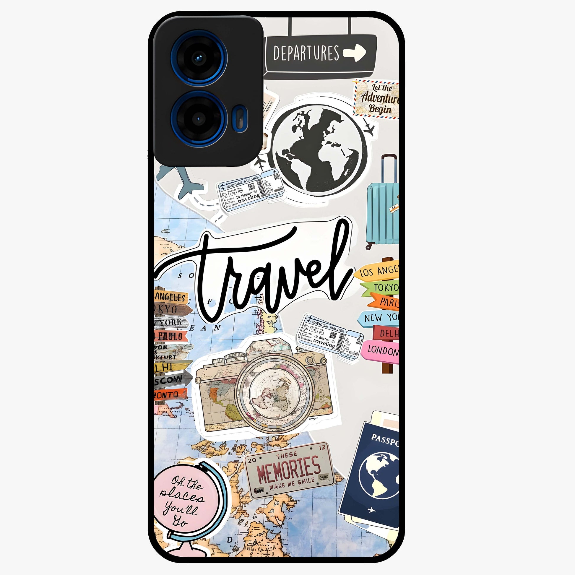 Wanderlust Journal Glass Case showing flat back view with travel inspired artwork and glossy glass finish.