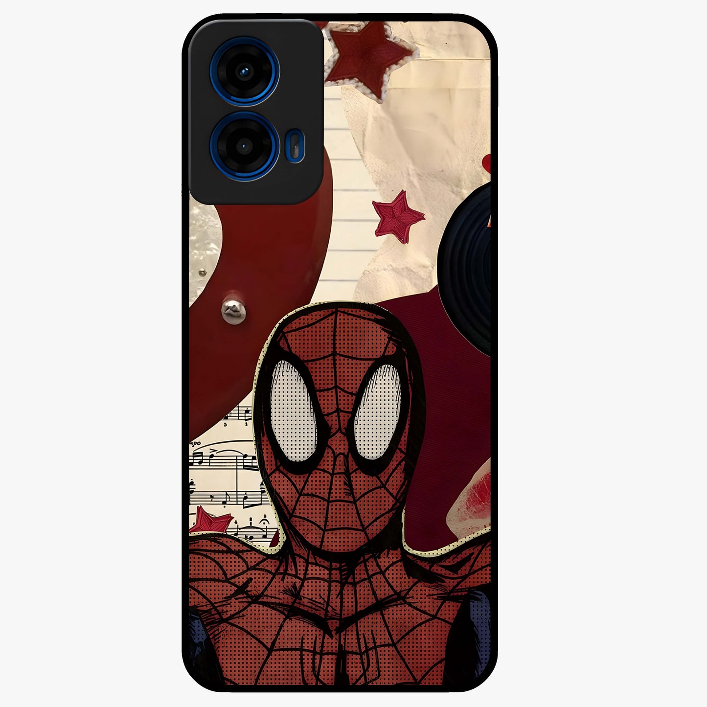 Web Warrior Vibes Glass Case showing flat back view with superhero inspired web themed artwork and glossy glass finish.