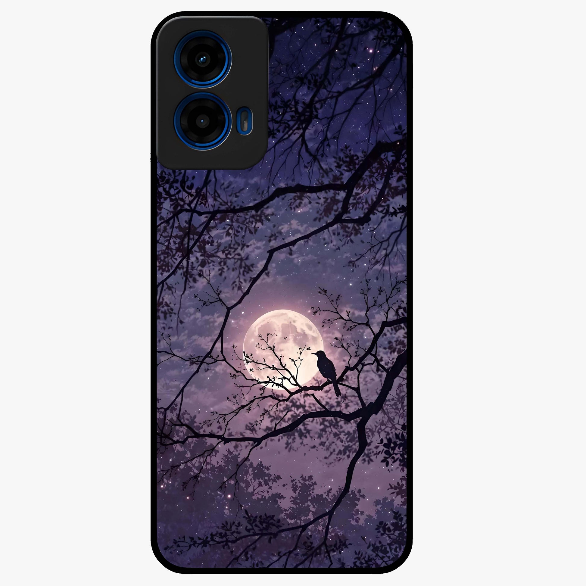 Whispering Moon Silence Glass Case showing flat back view with serene moon themed artwork and glossy glass finish.
