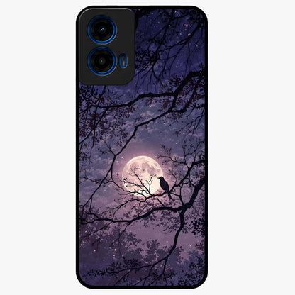 Whispering Moon Silence Glass Case showing flat back view with serene moon themed artwork and glossy glass finish.