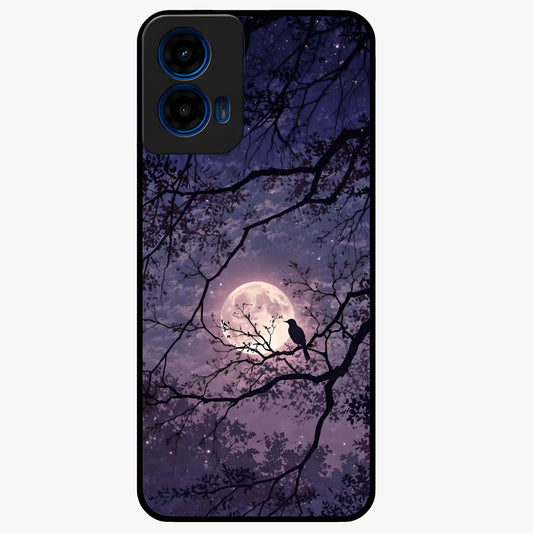Whispering Moon Silence Glass Case showing flat back view with serene moon themed artwork and glossy glass finish.