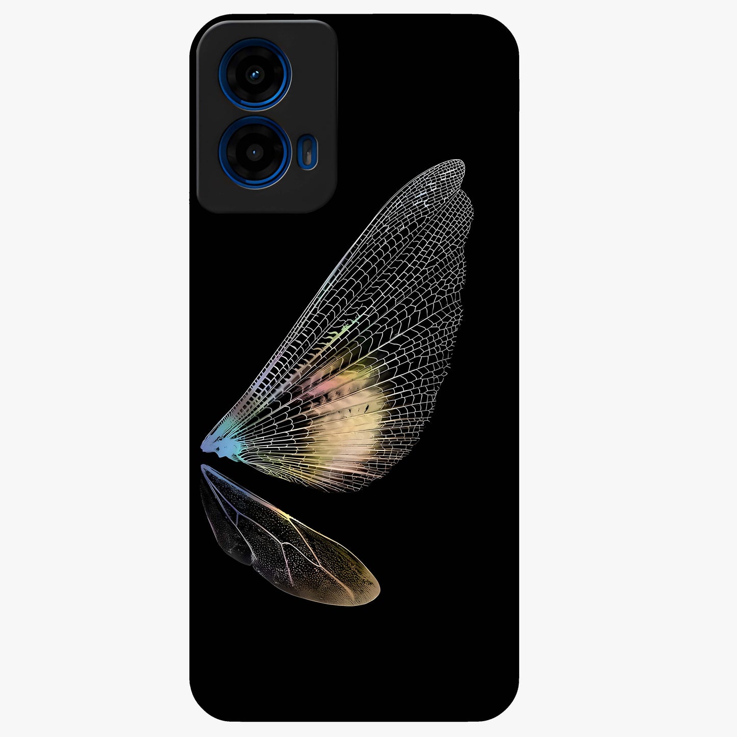 Whispers Of Wings Glass Case showing flat back view with graceful wing inspired artwork and glossy glass finish.
