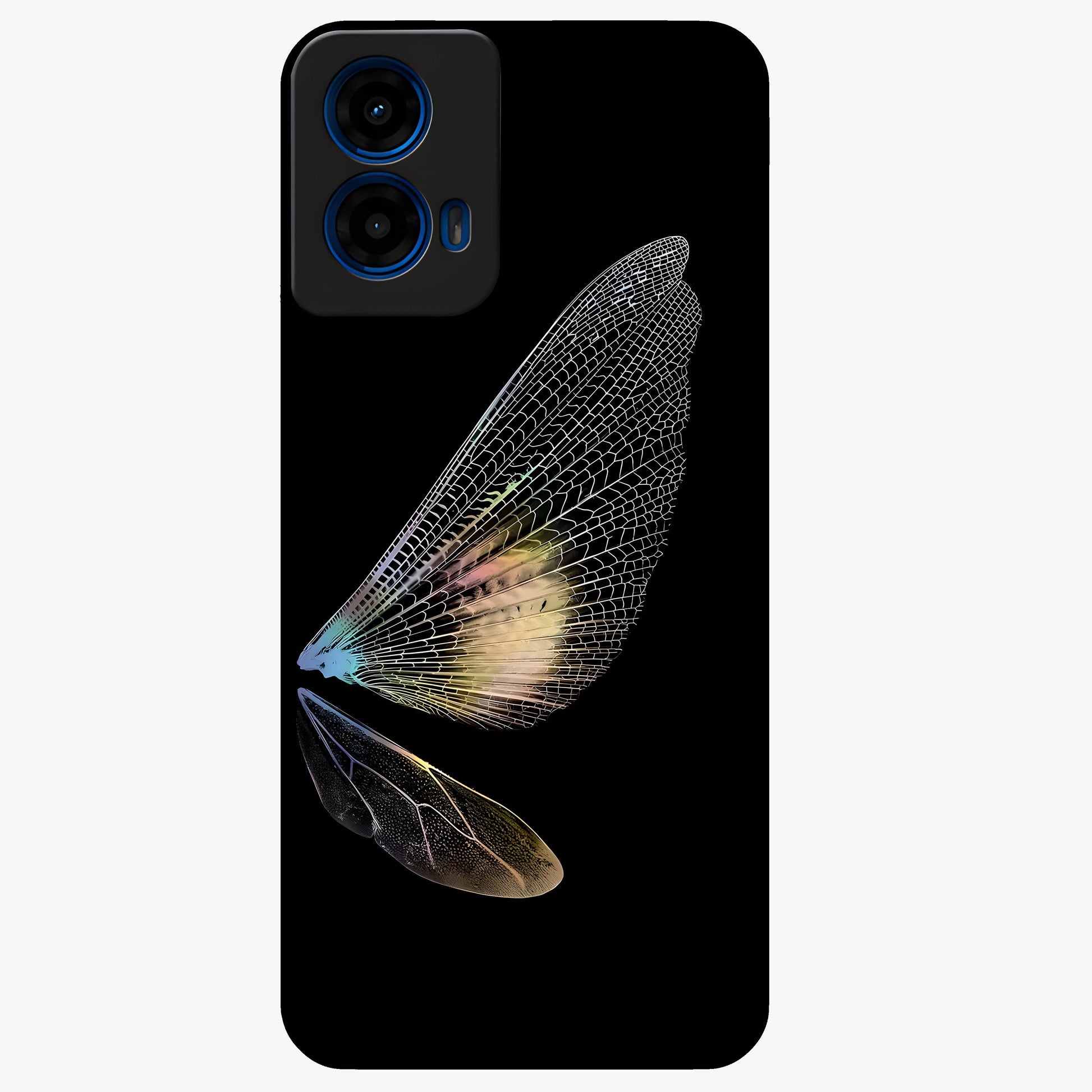 Whispers Of Wings Glass Case showing flat back view with graceful wing inspired artwork and glossy glass finish.