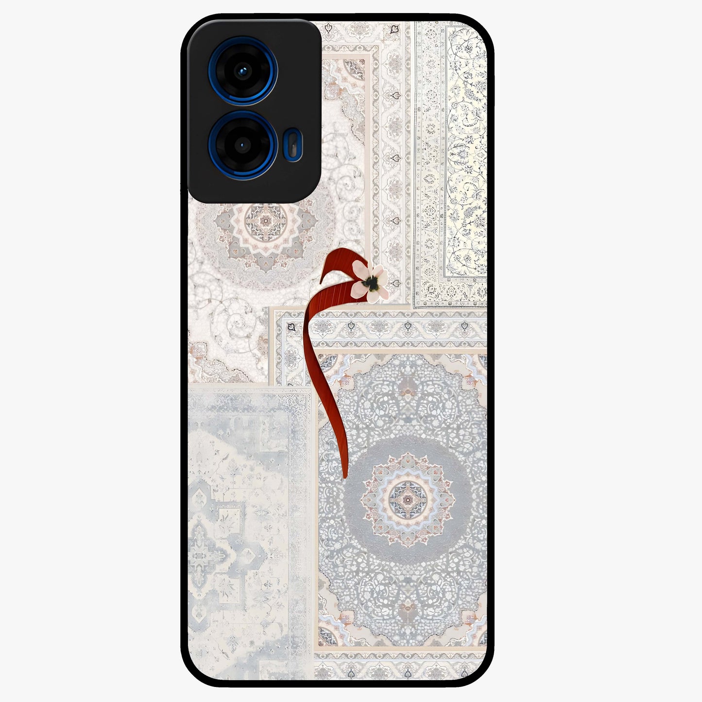 White Aesthetic Bow Glass Case showing flat back view with minimal bow artwork and glossy glass finish.