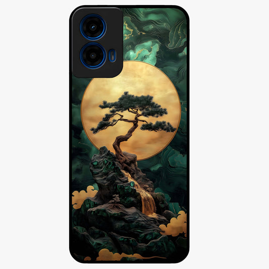 Zen Moon Rise Glass Case showing flat back view with calm moonrise artwork and glossy glass finish.