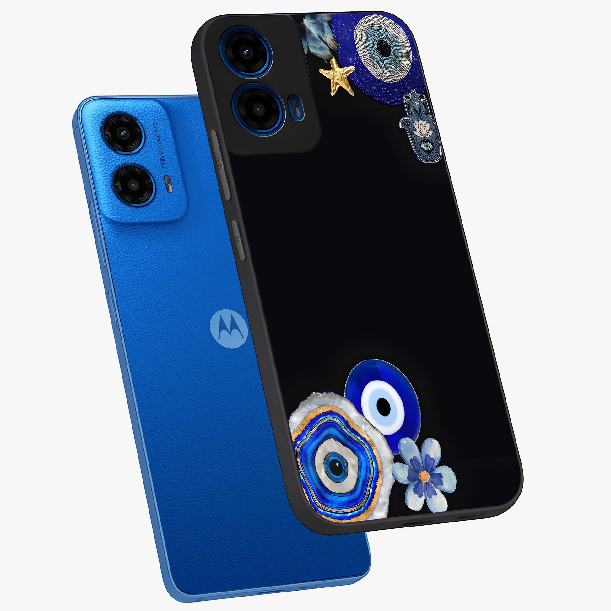 Aesthetic Blue Evil Eye Glass Case displayed in angled mockup highlighting blue evil eye symbol and spiritual aesthetic design.
