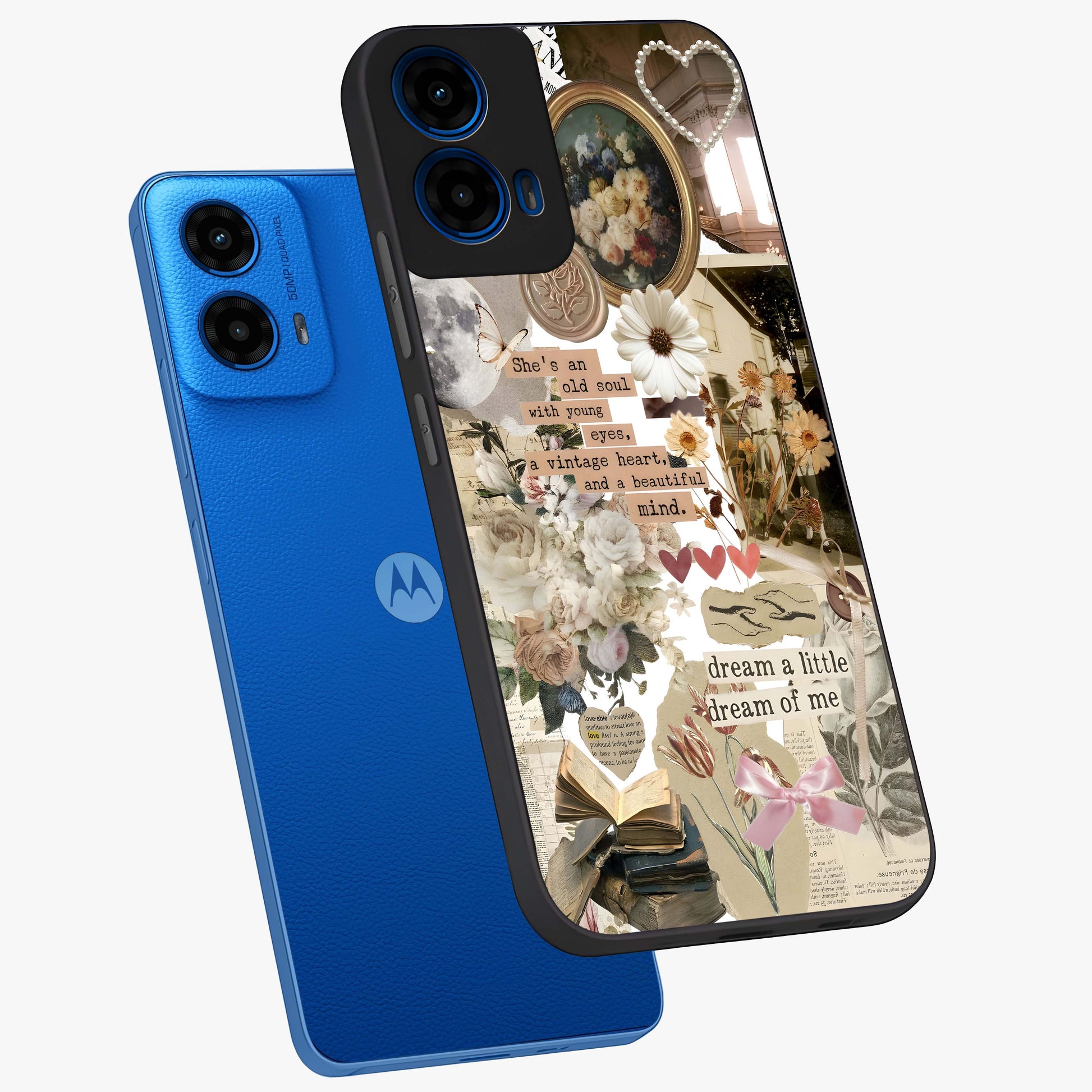 Aesthetic Brown Vintage Collage Glass Case displayed in angled mockup highlighting vintage aesthetic collage design.