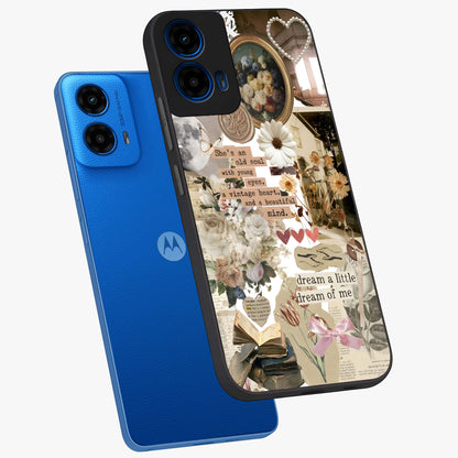 Aesthetic Brown Vintage Collage Glass Case displayed in angled mockup highlighting vintage aesthetic collage design.