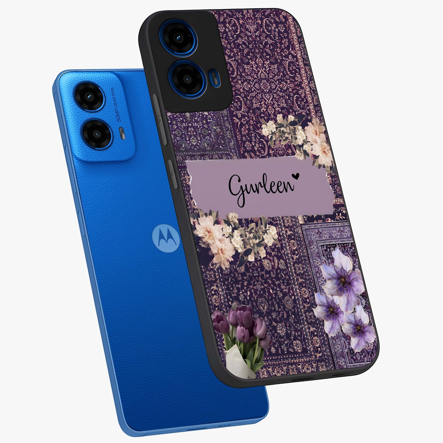 Antique Floral Whisper Custom Name Glass Case displayed in angled mockup highlighting elegant antique floral aesthetic.