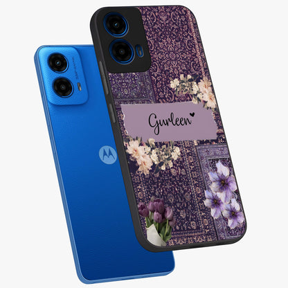 Antique Floral Whisper Custom Name Glass Case displayed in angled mockup highlighting elegant antique floral aesthetic.