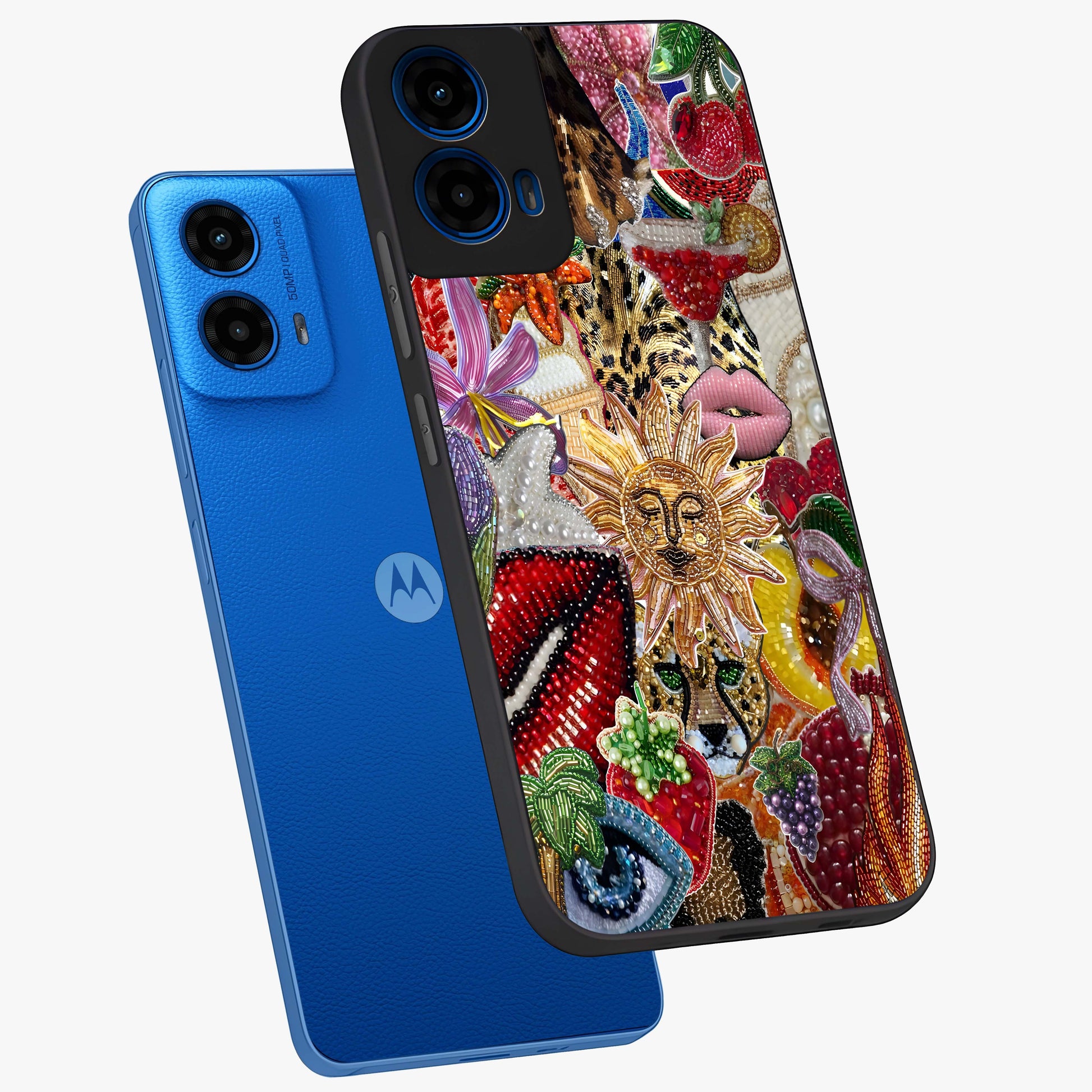 Beaded Fashion Jungle Glass Case displayed in angled mockup highlighting colorful fashion bead design and artistic pattern.