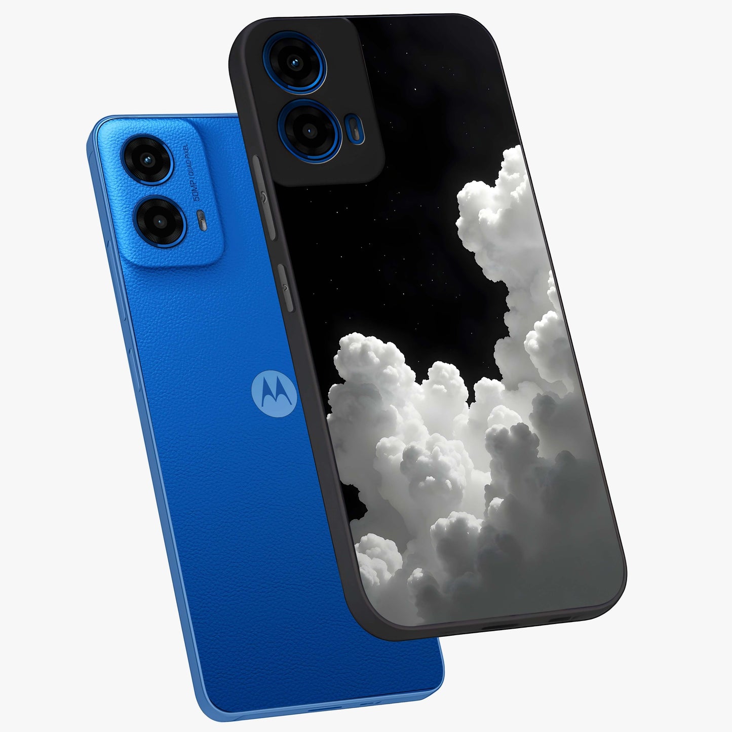 Black Background With White Cloud Glass Case displayed in angled mockup highlighting soft white cloud illustration and minimal design.