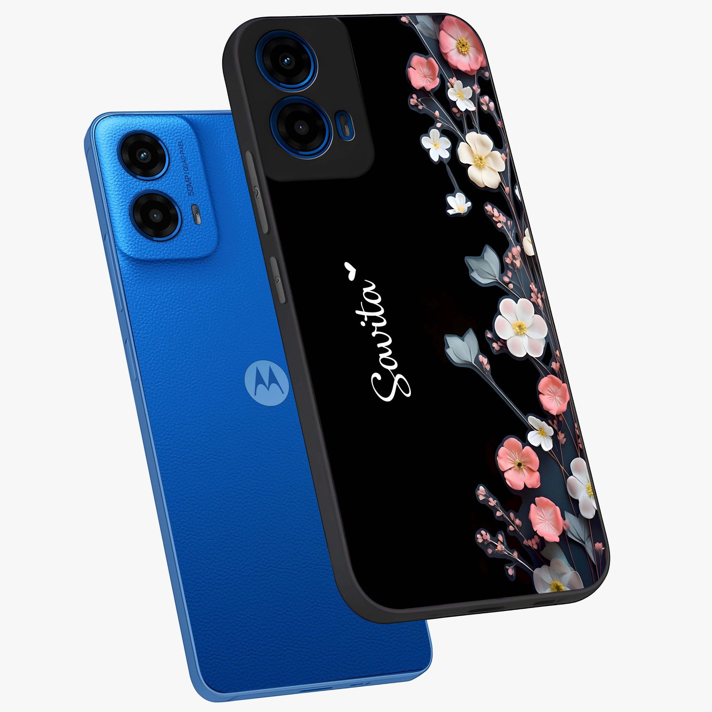Black Elegance Floral Custom Name Glass Case displayed in angled mockup highlighting dark floral aesthetic and custom name feature.