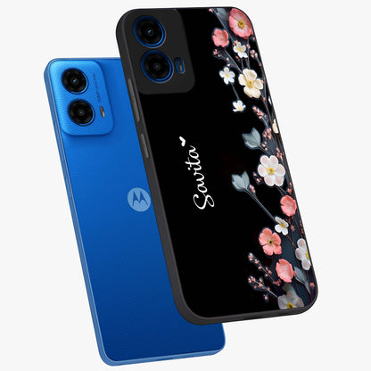Black Elegance Floral Custom Name Glass Case displayed in angled mockup highlighting dark floral aesthetic and custom name feature.