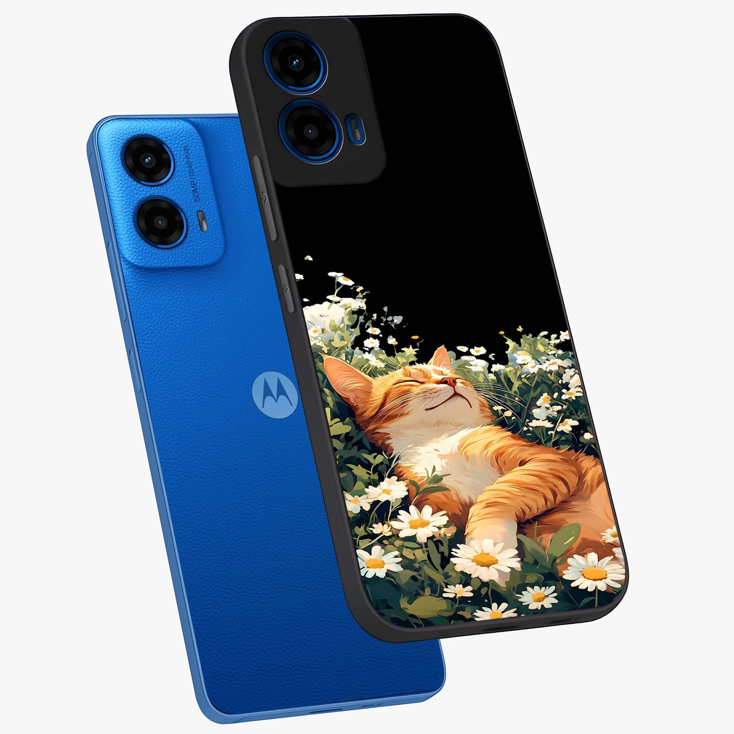 Blissful Bloom Cat Glass Case displayed in angled mockup highlighting playful feline illustration with soft floral aesthetic.