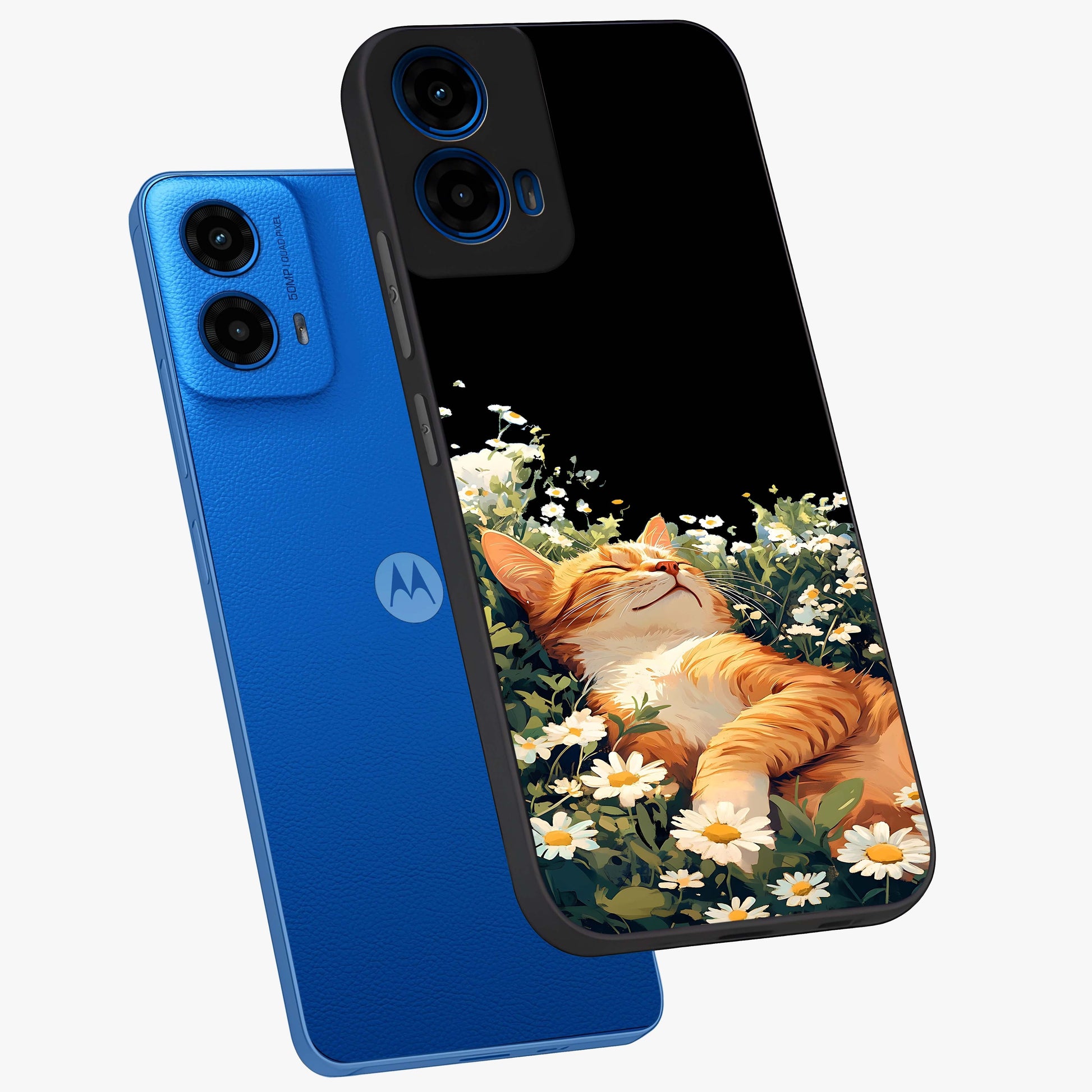 Blissful Bloom Cat Glass Case displayed in angled mockup highlighting playful feline illustration with soft floral aesthetic.