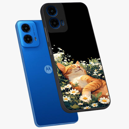 Blissful Bloom Cat Glass Case displayed in angled mockup highlighting playful feline illustration with soft floral aesthetic.