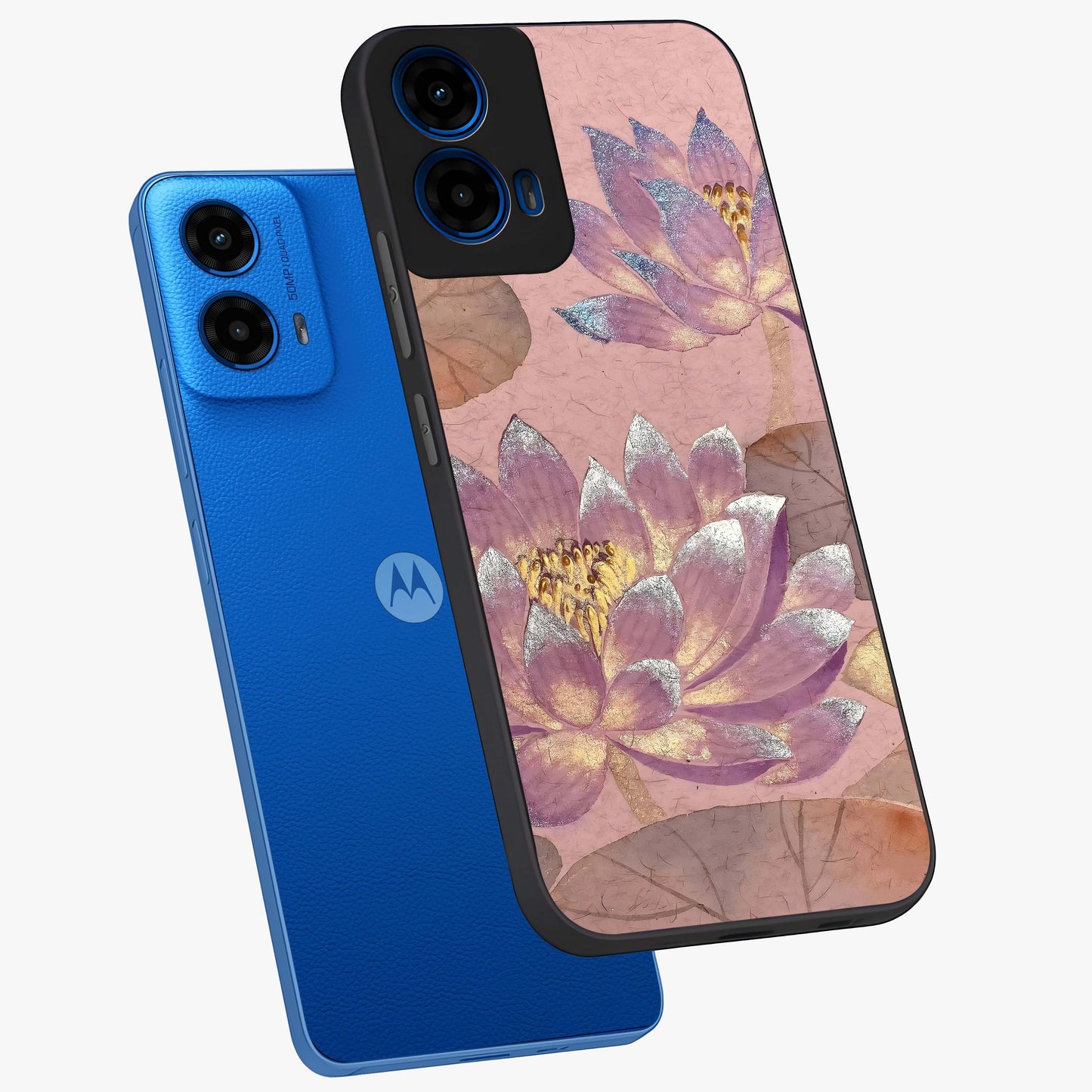 Blossom Mist Lotus Glass Case displayed in angled mockup highlighting delicate lotus illustration with calm aesthetic theme.