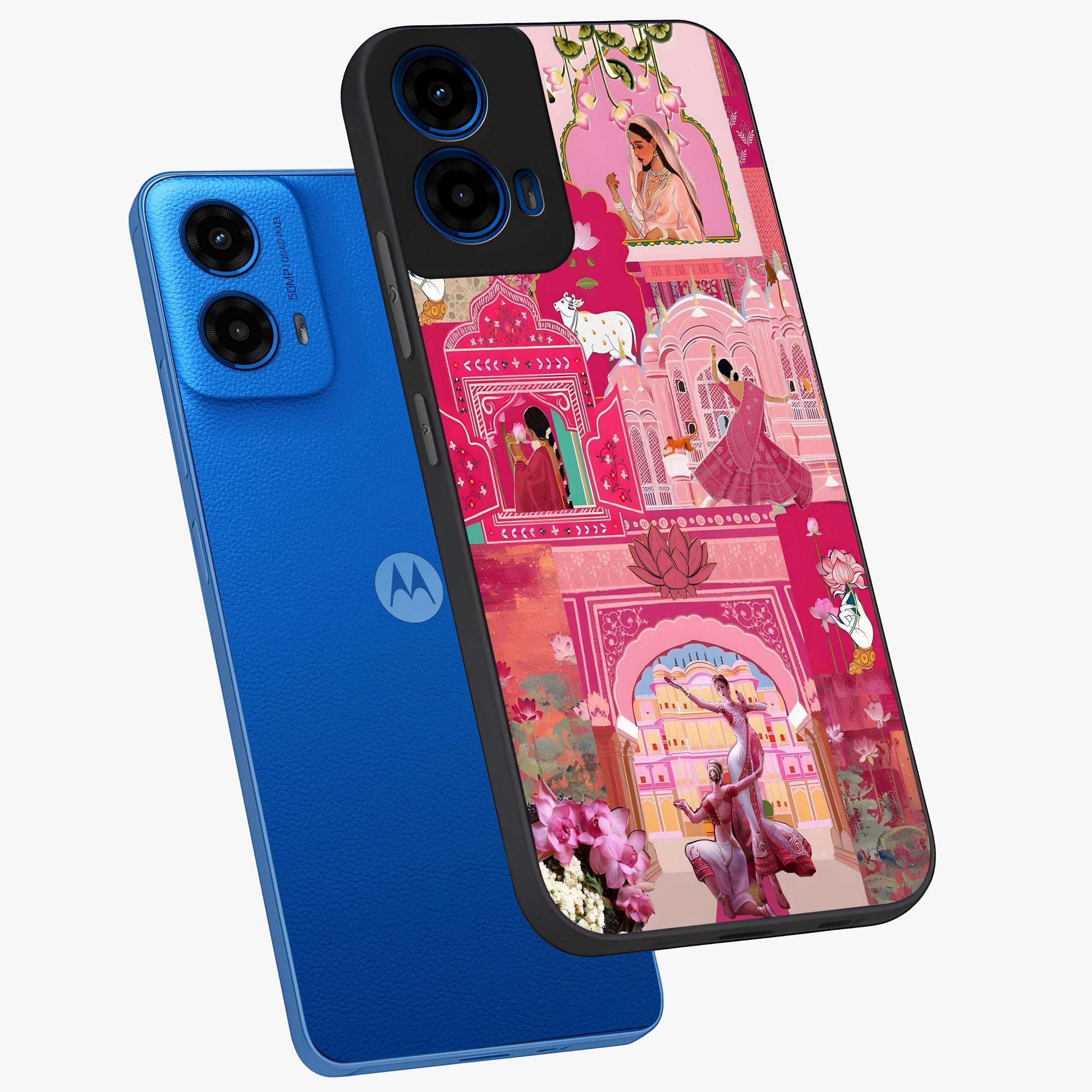 Blossoms of Rajasthan Glass Case displayed in angled mockup highlighting vibrant floral pattern with cultural aesthetic style.