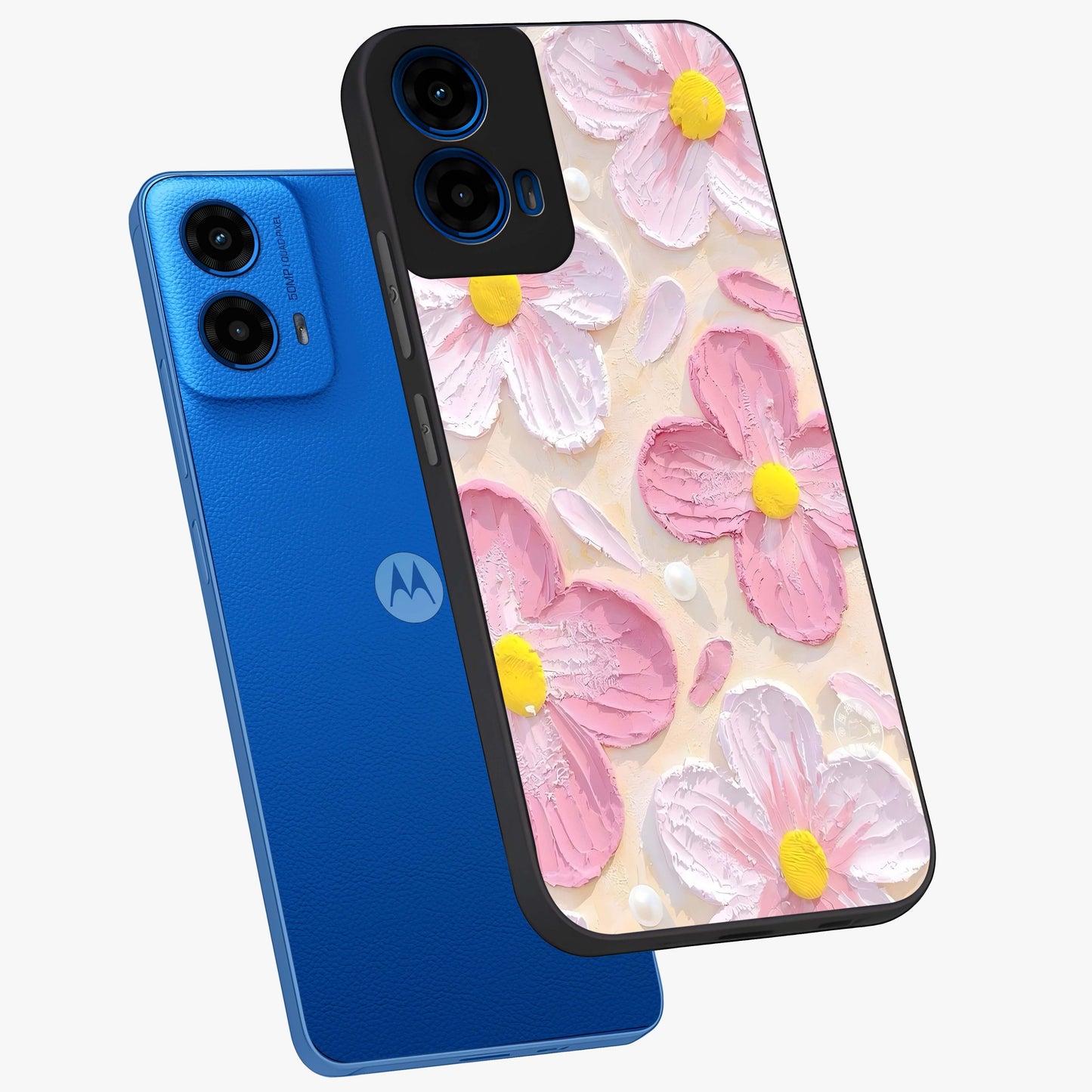 Blush Bloom Texture Glass Case displayed in angled mockup highlighting subtle bloom pattern with aesthetic pastel design.