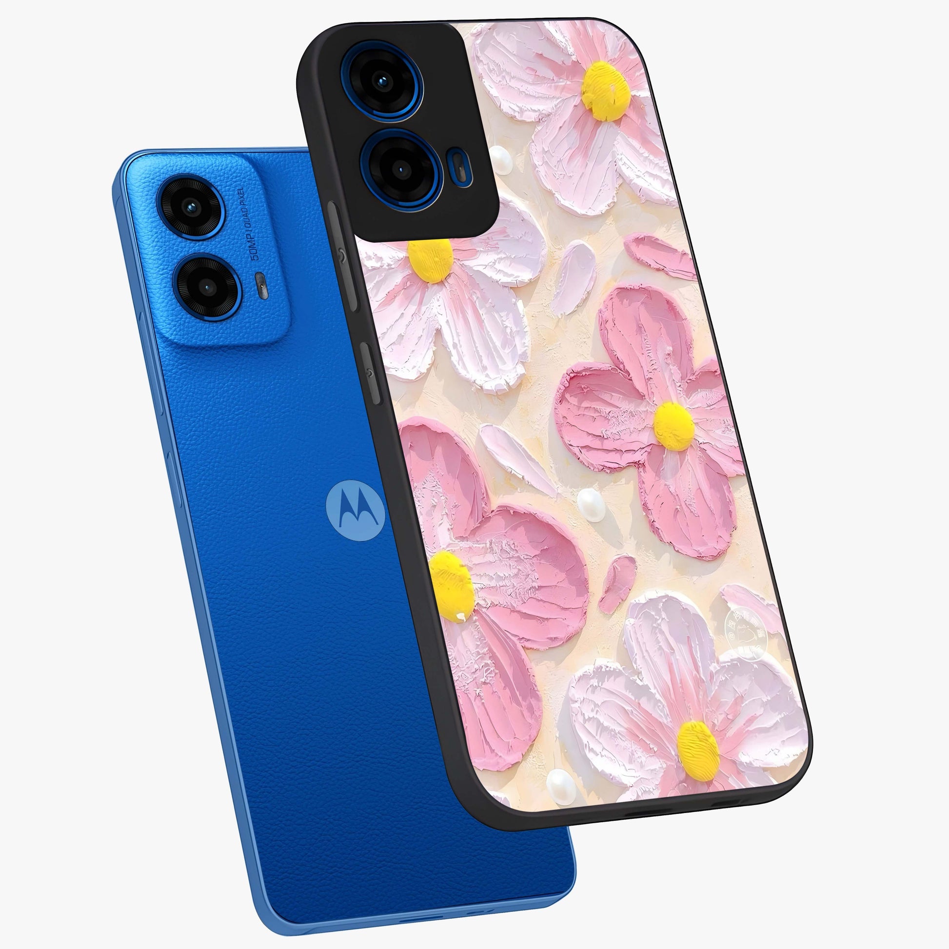 Blush Bloom Texture Glass Case displayed in angled mockup highlighting subtle bloom pattern with aesthetic pastel design.