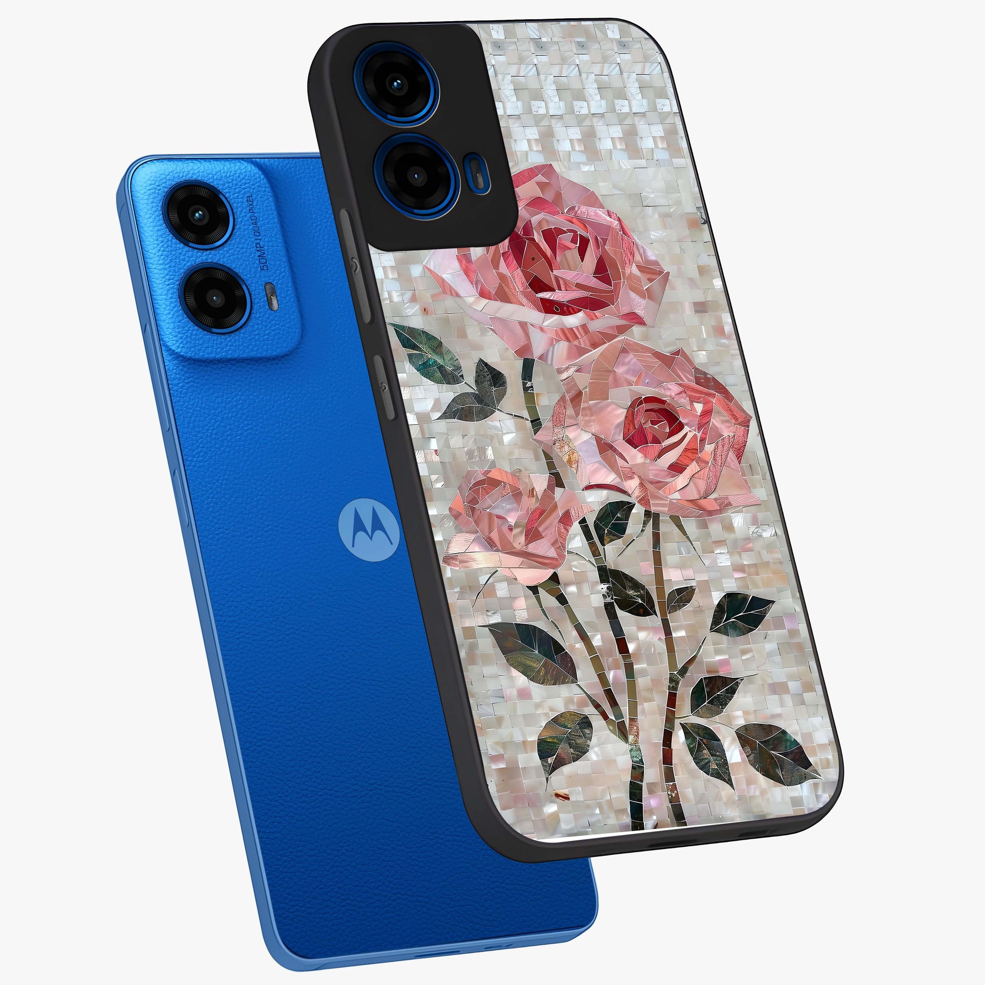Blush Mosaic Bloom Glass Case displayed in angled mockup highlighting artistic mosaic flower pattern with aesthetic design.