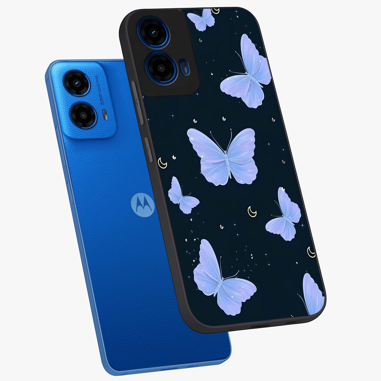 Butterfly With Stars Pattern Glass Case displayed in angled mockup highlighting dreamy butterfly and star design with aesthetic theme.