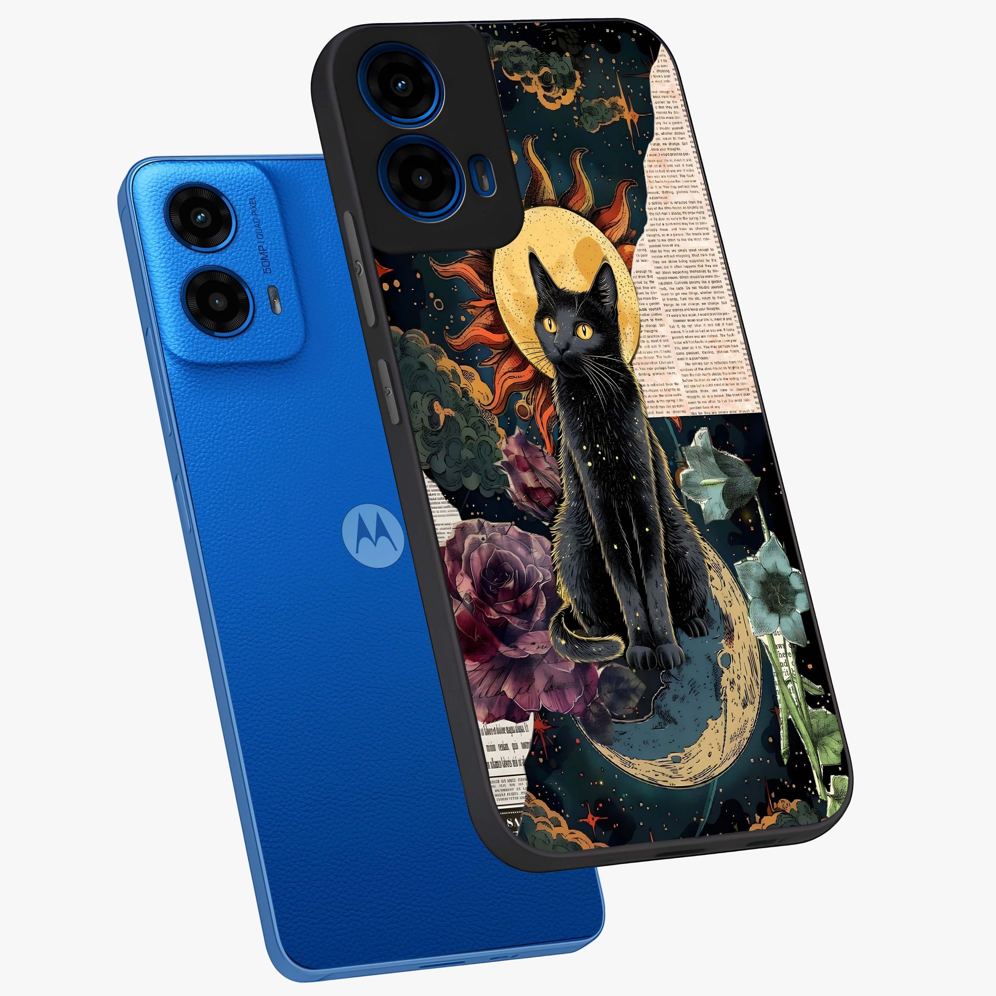 Celestial Black Cat Glass Case displayed in angled mockup highlighting cosmic black cat design with celestial aesthetic.