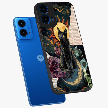 Celestial Black Cat Glass Case displayed in angled mockup highlighting cosmic black cat design with celestial aesthetic.