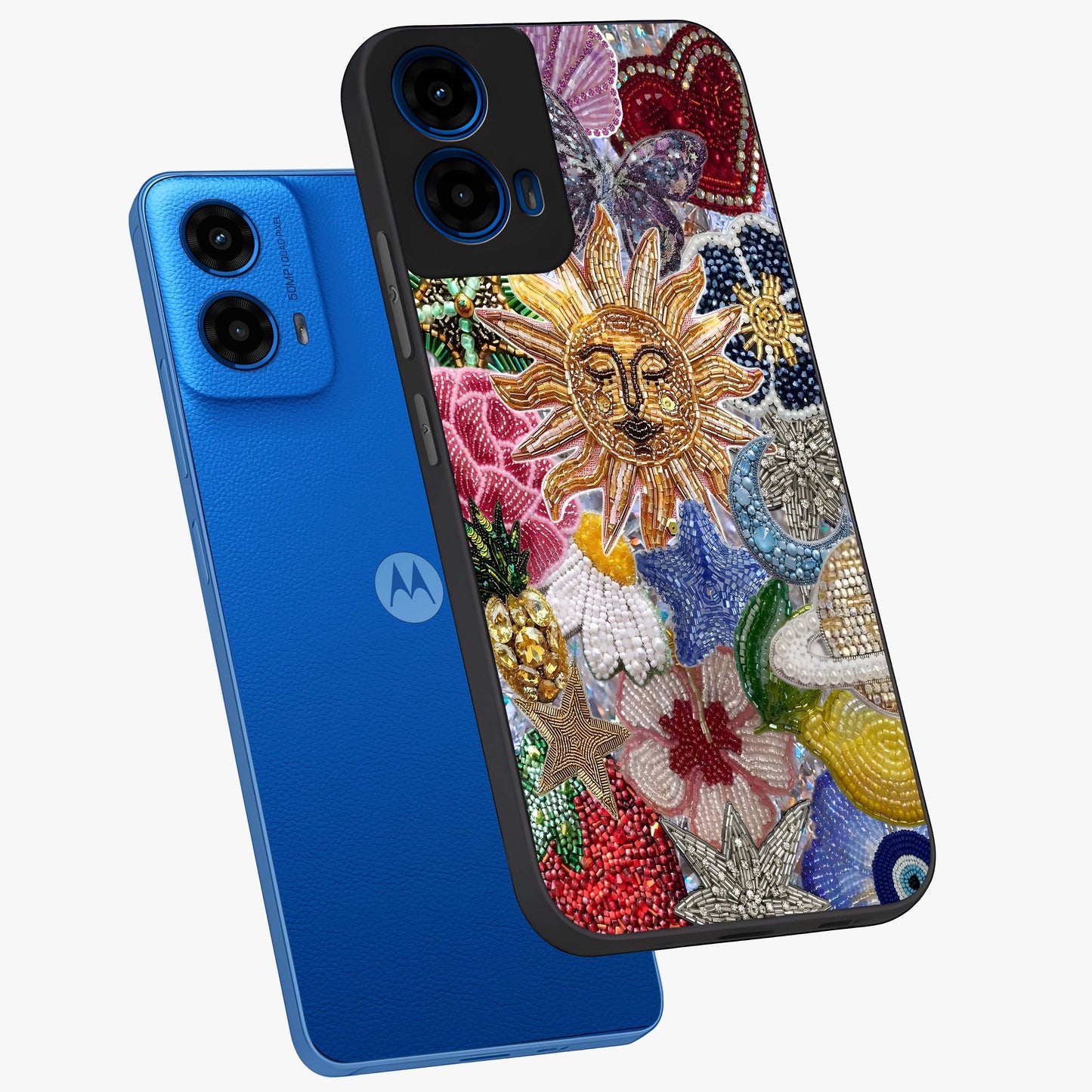 Celestial Floral and Playful Glass Case displayed in angled mockup highlighting playful floral design with dreamy celestial elements.