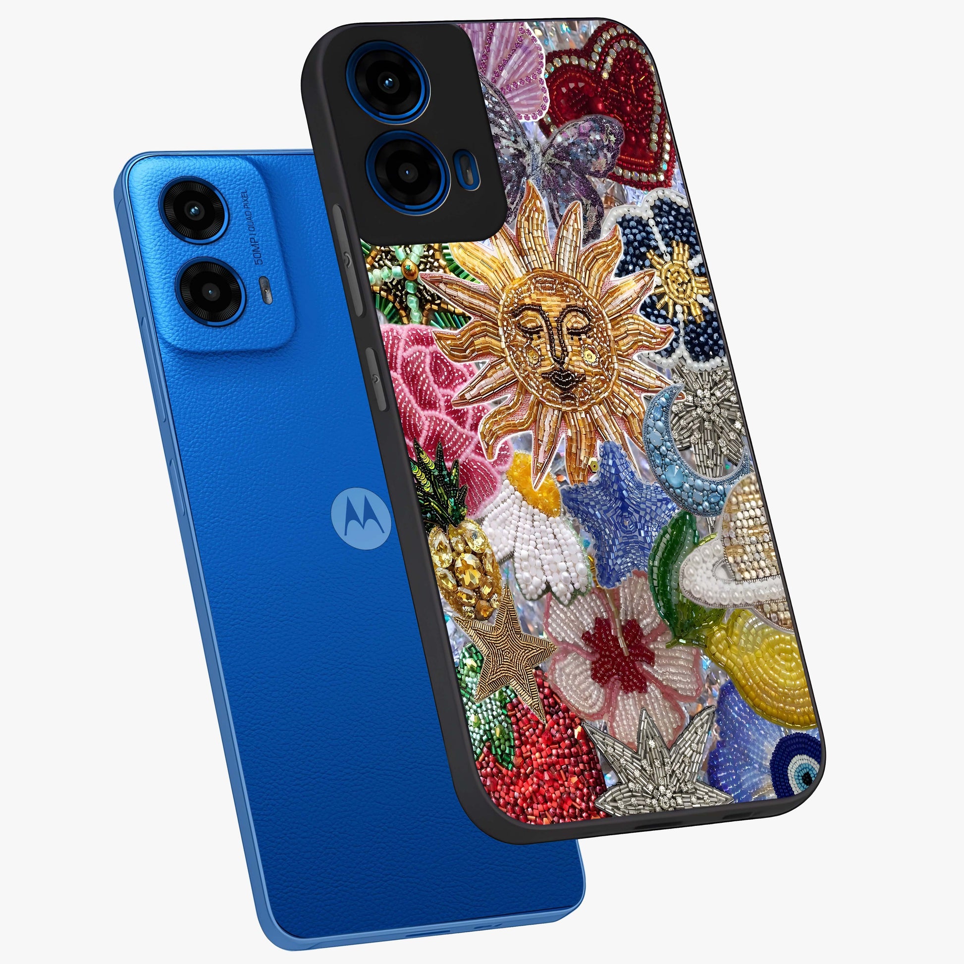 Celestial Floral and Playful Glass Case displayed in angled mockup highlighting playful floral design with dreamy celestial elements.
