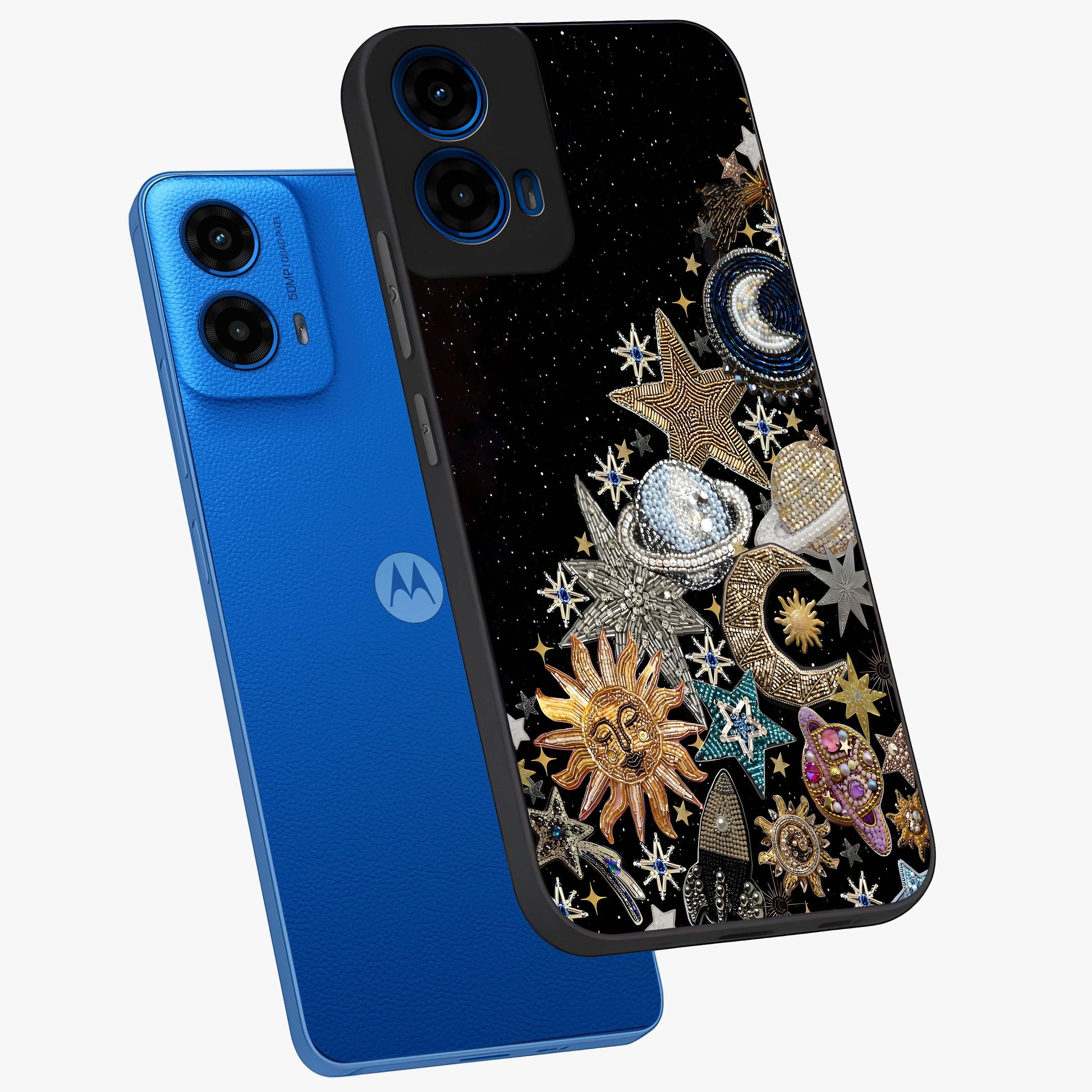 Cosmic Sparkle Dreams Glass Case displayed in angled mockup highlighting dreamy star sparkle design with celestial aesthetic.