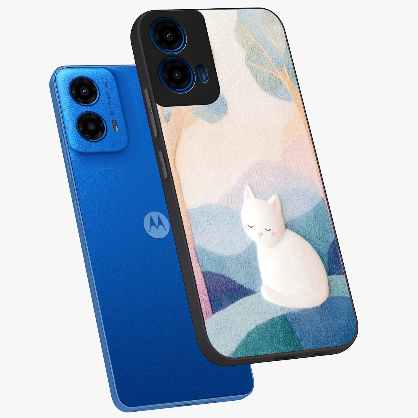 Cotton Dream Cat Glass Case displayed in angled mockup highlighting cute feline illustration with pastel aesthetic style.