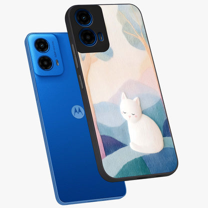 Cotton Dream Cat Glass Case displayed in angled mockup highlighting cute feline illustration with pastel aesthetic style.
