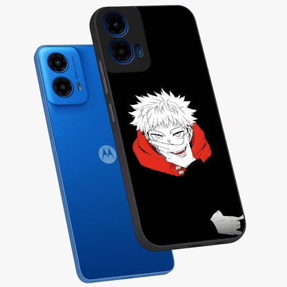 Crimson Chaos Smile Glass Case displayed in angled mockup highlighting edgy crimson smile design with graphic aesthetic.
