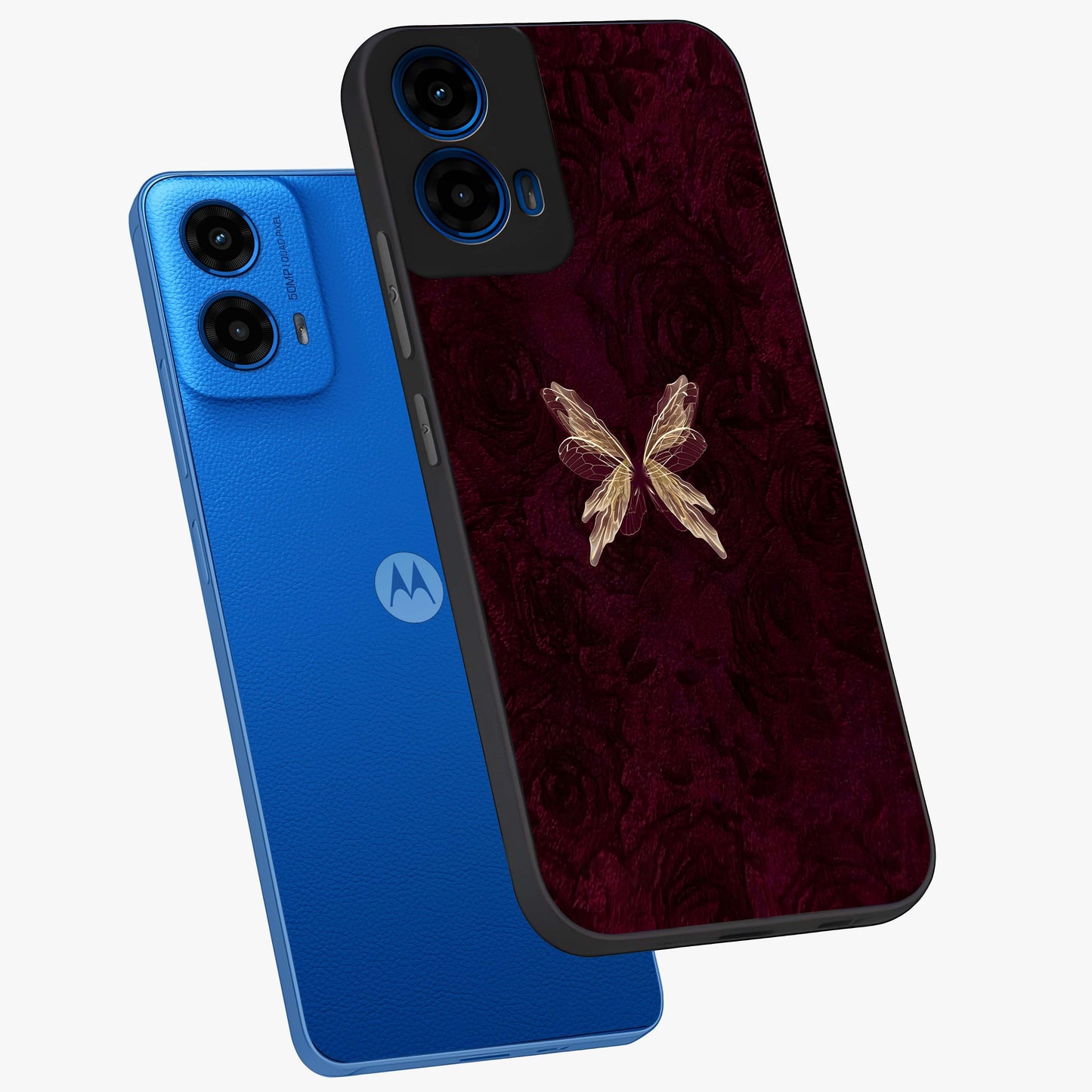 Crimson Fade Butterfly Glass Case displayed in angled mockup highlighting elegant butterfly design with crimson gradient aesthetic.