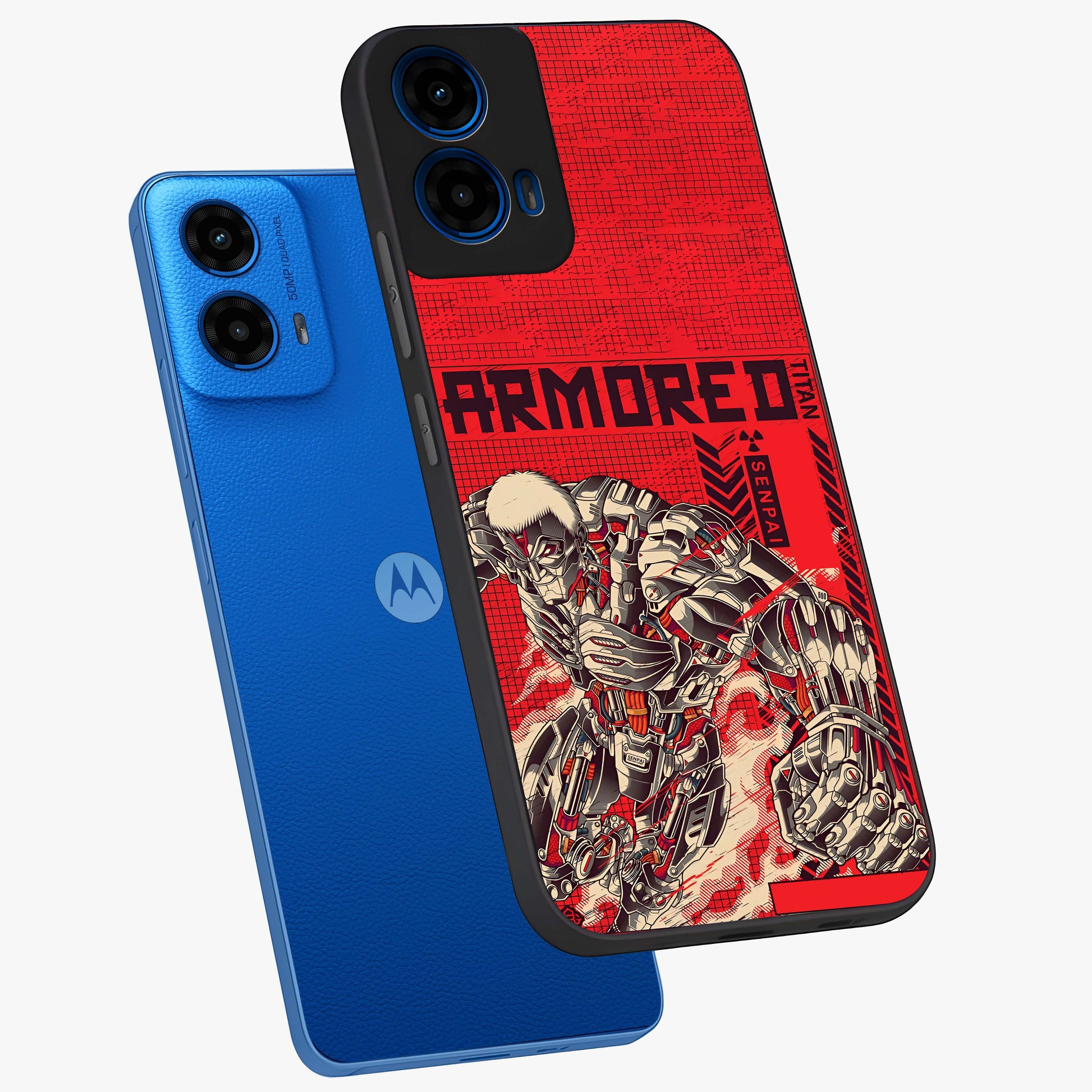 Crimson Mecha Titan Glass Case displayed in angled mockup highlighting futuristic mech illustration with bold crimson aesthetic.
