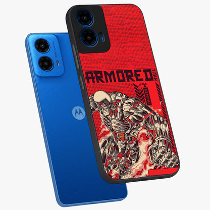 Crimson Mecha Titan Glass Case displayed in angled mockup highlighting futuristic mech illustration with bold crimson aesthetic.