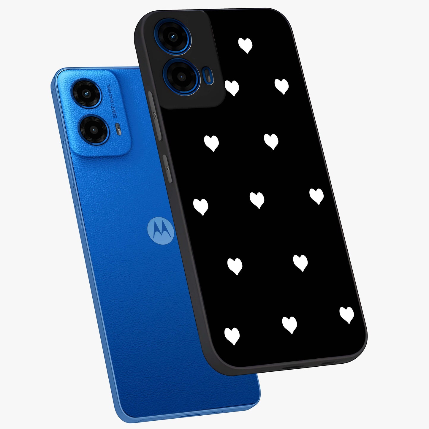 Cute And Simple White Hearts Glass Case displayed in angled mockup highlighting cute heart design with clean aesthetic style.