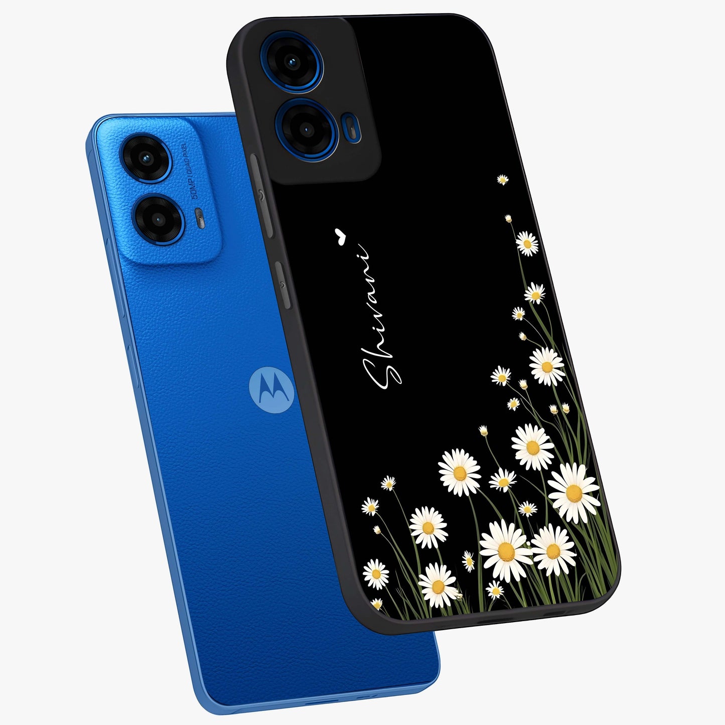 Daisy Cascade Custom Name Glass Case displayed in angled mockup highlighting delicate daisy artwork with custom name feature.
