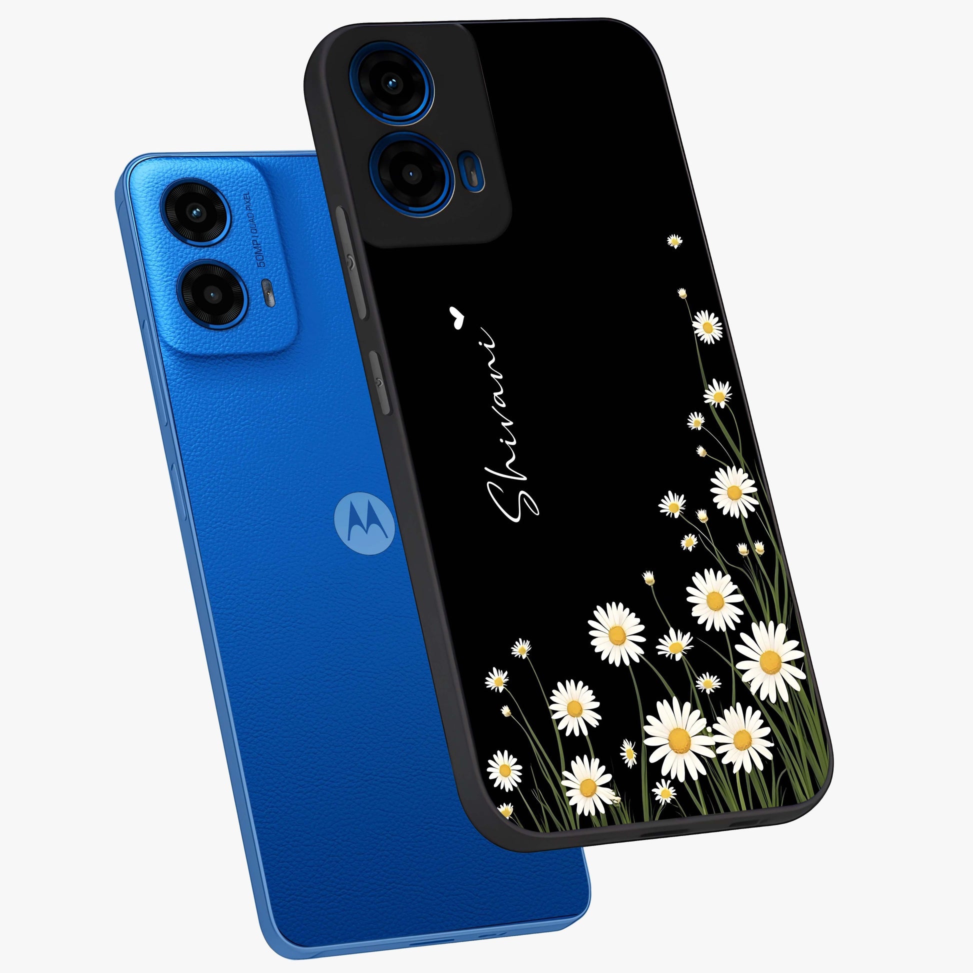 Daisy Cascade Custom Name Glass Case displayed in angled mockup highlighting delicate daisy artwork with custom name feature.