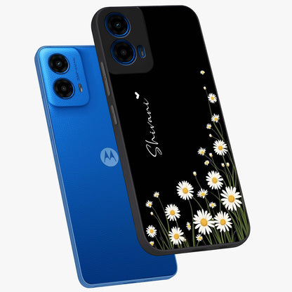 Daisy Cascade Custom Name Glass Case displayed in angled mockup highlighting delicate daisy artwork with custom name feature.