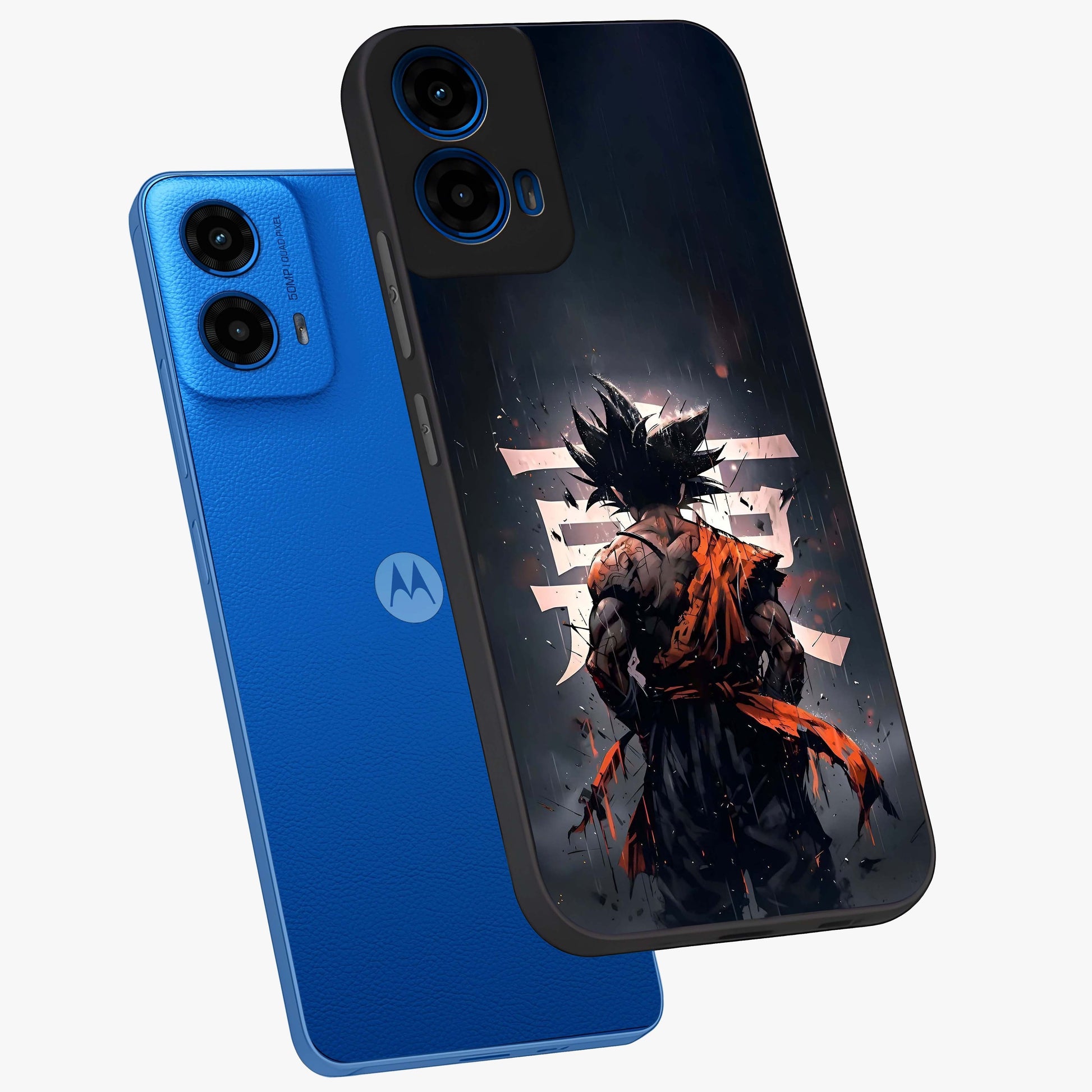 Dark Warrior In Rain Glass Case displayed in angled mockup highlighting dramatic warrior illustration with dark rain aesthetic.