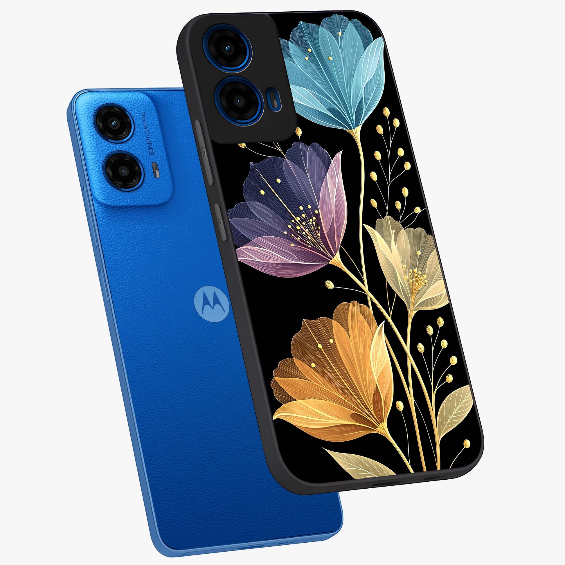 Delicate Multicolor Flowers Glass Case displayed in angled mockup highlighting colorful flower pattern with soft aesthetic style.