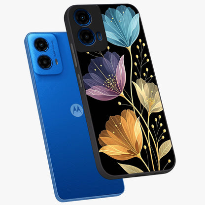 Delicate Multicolor Flowers Glass Case displayed in angled mockup highlighting colorful flower pattern with soft aesthetic style.
