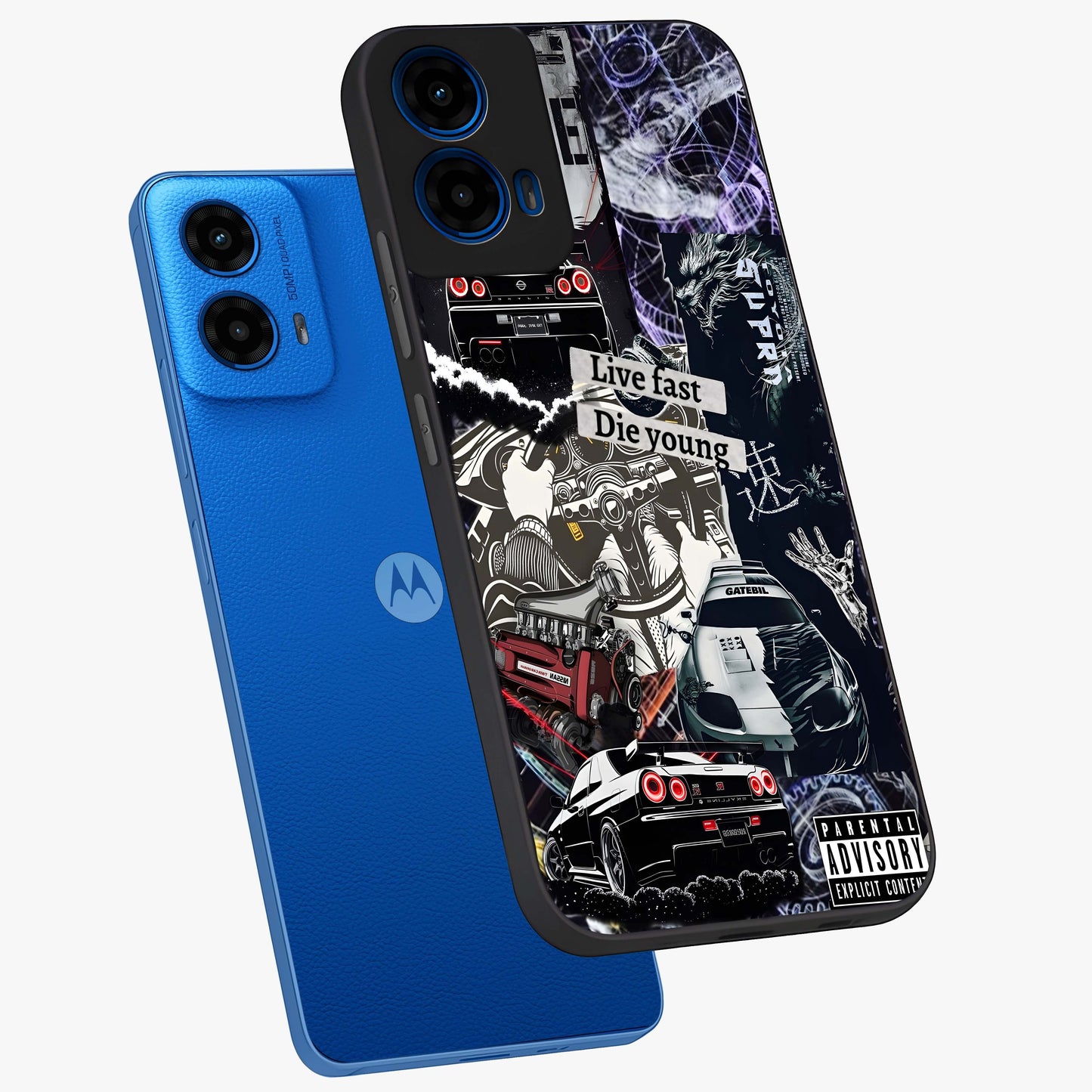Die Young Glass Case displayed in angled mockup highlighting expressive graphic artwork with edgy aesthetic style.
