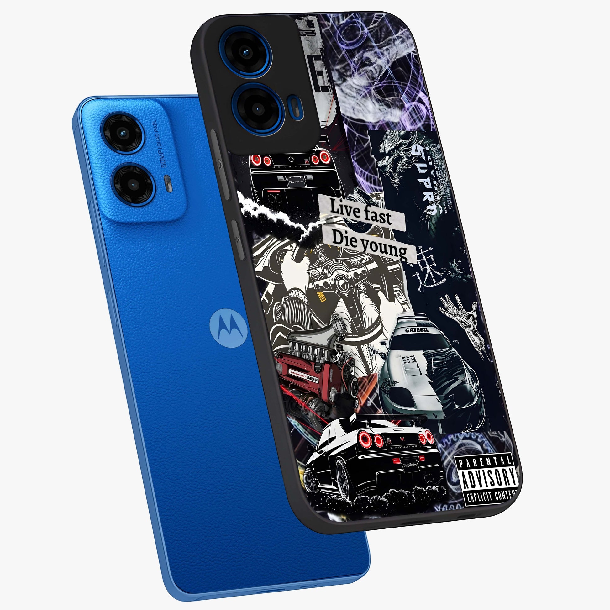 Die Young Glass Case displayed in angled mockup highlighting expressive graphic artwork with edgy aesthetic style.