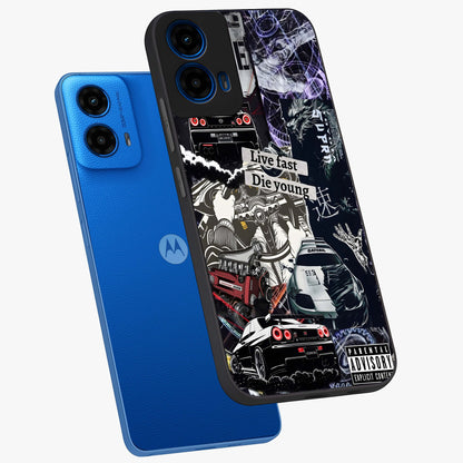 Die Young Glass Case displayed in angled mockup highlighting expressive graphic artwork with edgy aesthetic style.